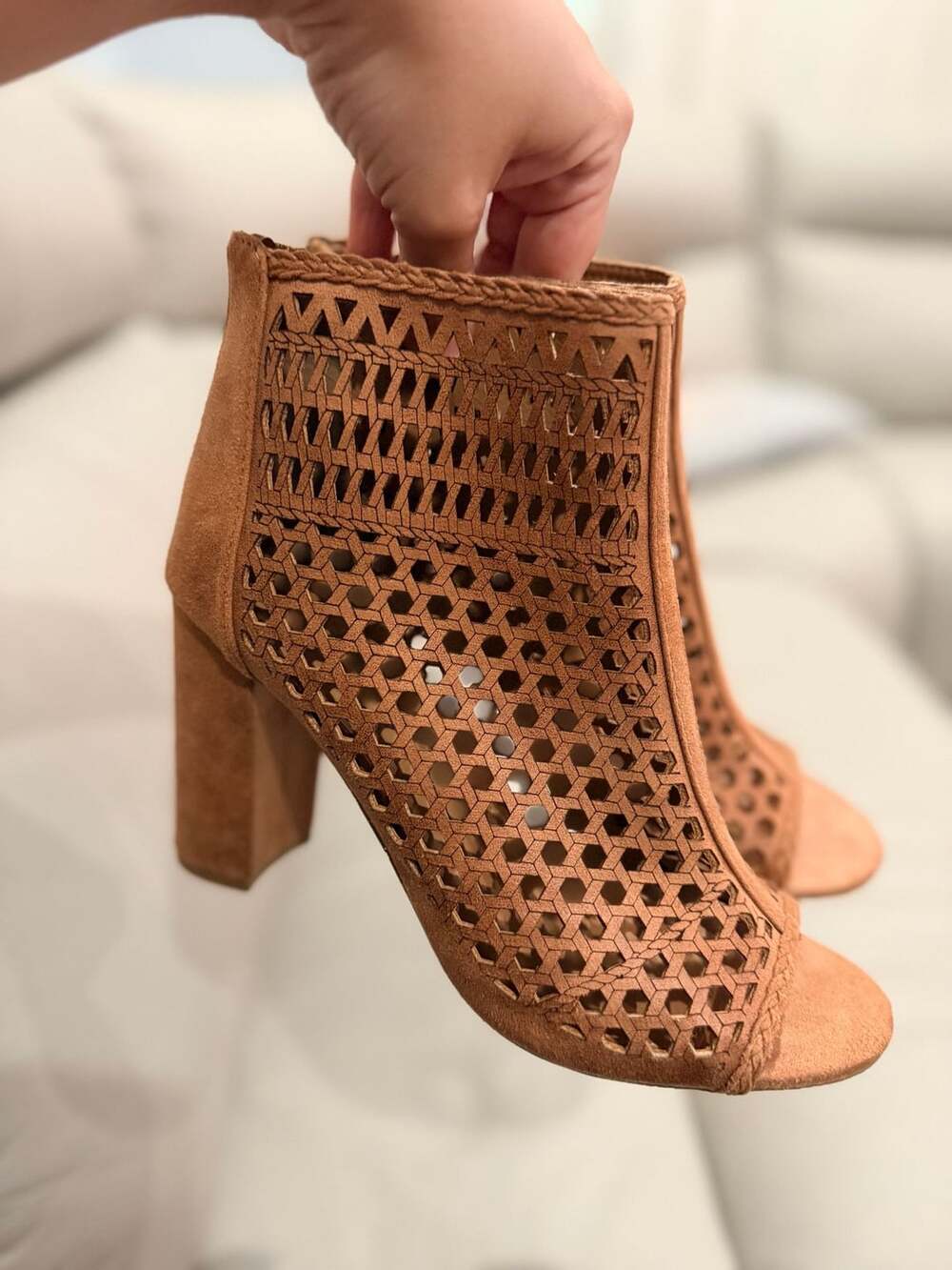 Report Wiola Tan Suede Laser Cut Peep Toe Booties Size 7